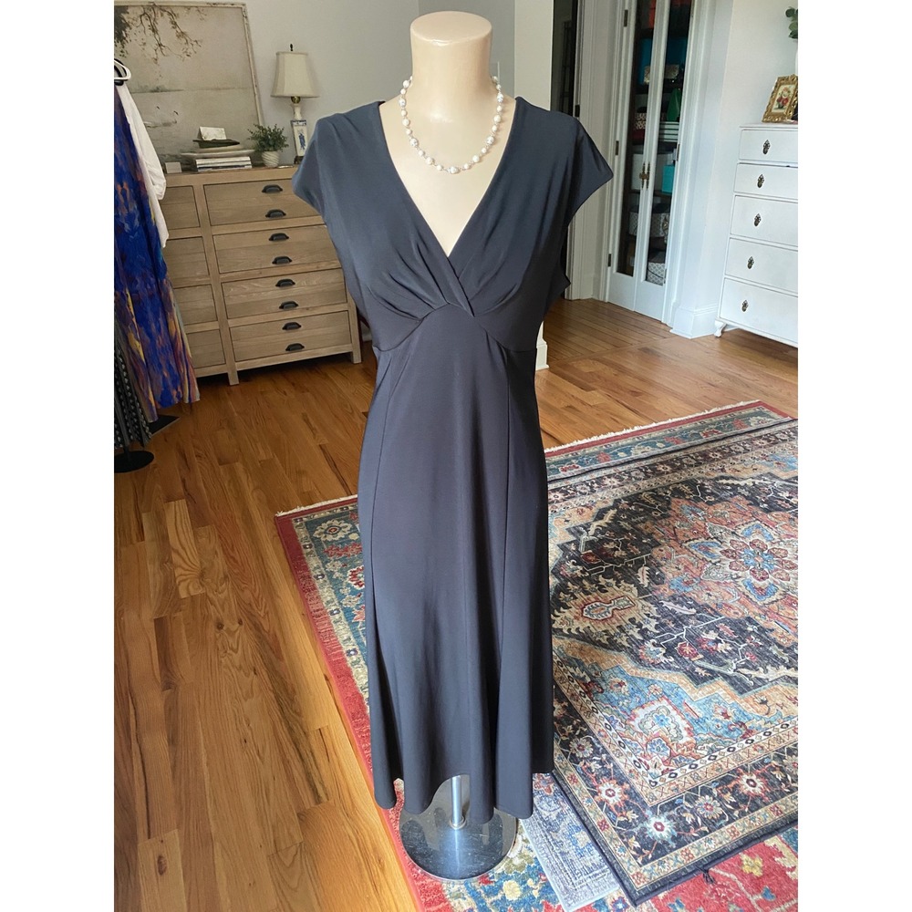 Jones‎ New York Black V-Neck Empire Waist Midi Dress Size 10 Cap Sleeve Jersey